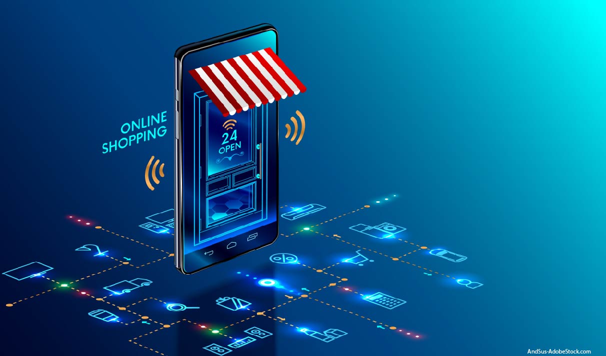 Online shopping. Smartphone turned into internet shop. Concept of mobile marketing and e-commerce. Isometric supermarket smartphone with icons of purchases. Awning above online store front door.